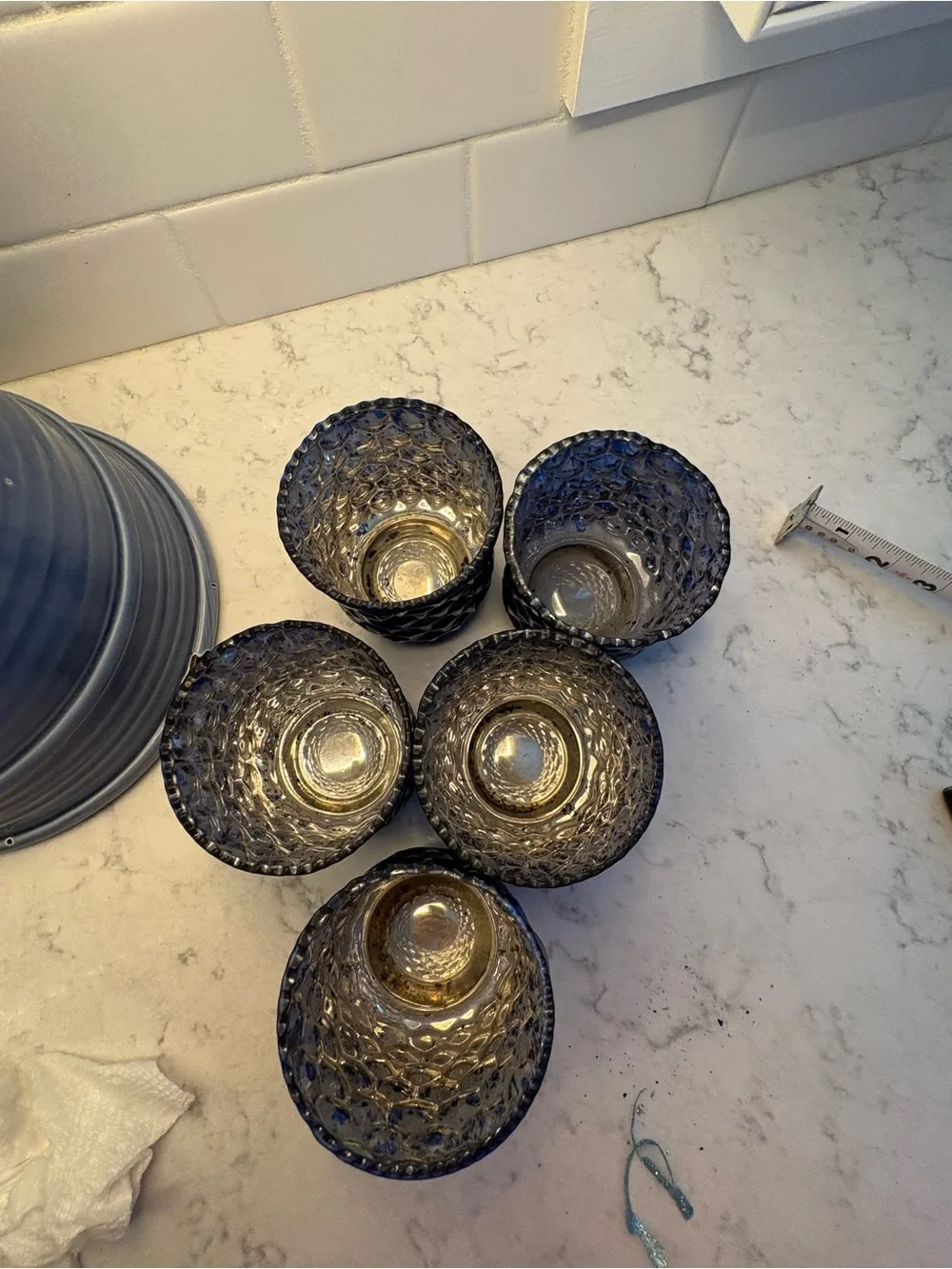 Set of 5 Blue Textured Glass votives - Home Accents